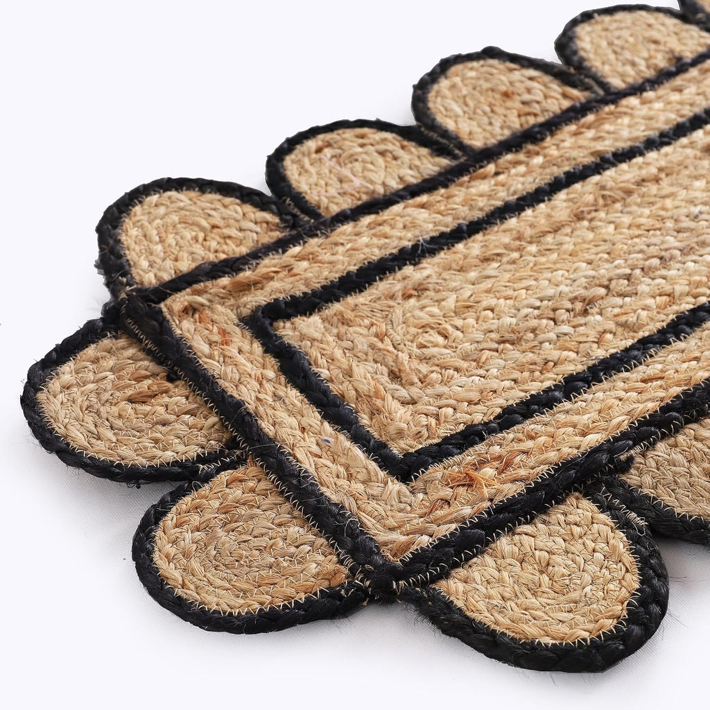 Pack of 2 Handmade Hand Braided Natural with Black Jute Scalloped Shape Eco-Friendly Table Runner-Runner for Dining Table Rug-13 x 96 Inch