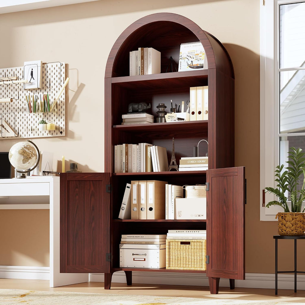 IDEALHOUSE Arched Kitchen Pantry Cabinet with Doors - 5-Tier Open Display Shelf with Nice Texture, Farmhouse Storage Cabinet for Kitchen, Dining Room, Living Room, Walnut