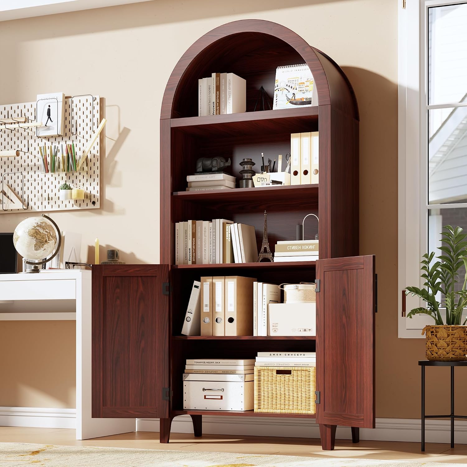 IDEALHOUSE Arched Kitchen Pantry Cabinet with Doors - 5-Tier Open Display Shelf with Nice Texture, Farmhouse Storage Cabinet for Kitchen, Dining Room, Living Room, Walnut