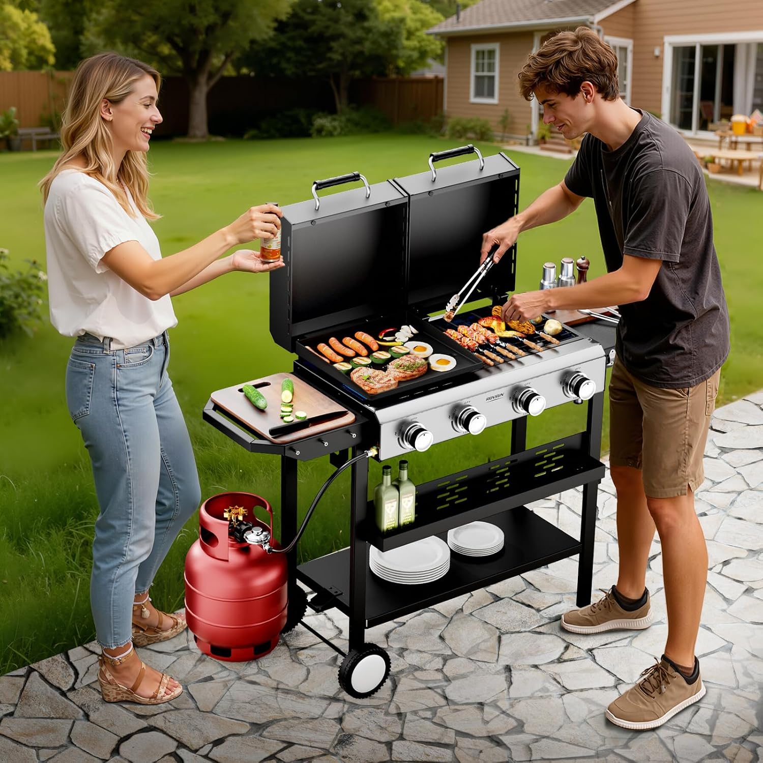 Bonnlo 2 in 1 Propane Flat Top Grill and Griddle Combo with Lid, Powerful 40,000 BTU Grills with Side Shelves & Integrated Ignition, 4 Burners Grill with Movable Wheels for Outdoor BBQ Camping Use