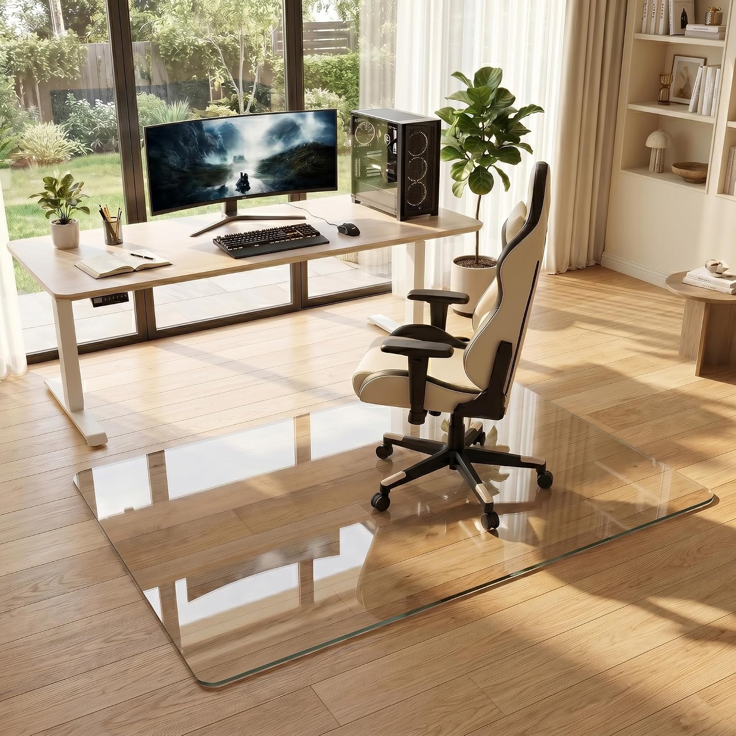 Tempered Glass Chair Mat for Hardwood Floor, 36' x 55' Heavy Duty Glass Office Chair Mat, for Low Pile Carpet, 0.2' Thick with 4 Non-Slip Pads, Smooth Rolling for Home & Office