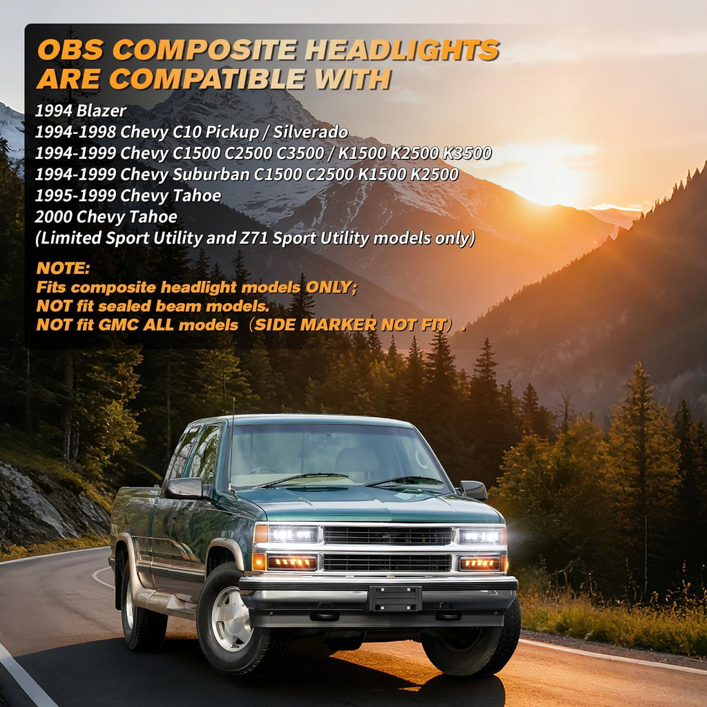 RAMJET4X4 DOT LED Headlight Assembly 600% Bright Anti-glare Hi/Low Beam Turn Signal Side Maker Fit for OBS 1994-1999 Chevy Silverado C10 Tahoe Suburban C/K 1500 2500 3500 (NOT FIT for GMC)