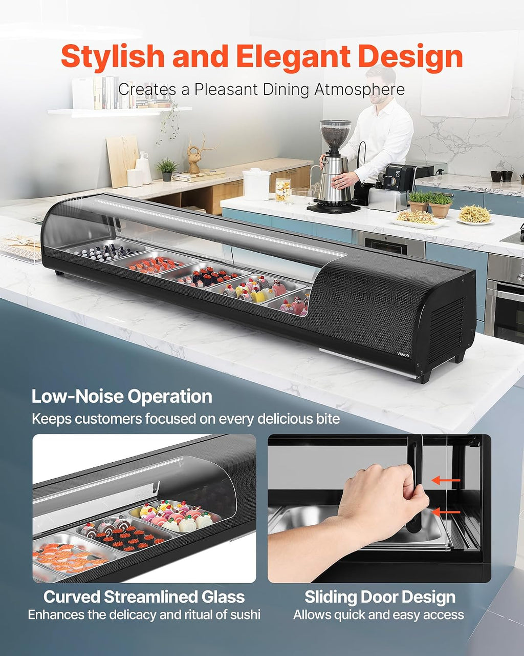 VEVOR Sushi Display Case Refrigerator, 2.9 Cu.ft Commercial Sushi Case, 5-Pan Countertop Showcase with Curved Glass, LED Lighting, and Digital Temperature Control, for Sushi-Bar, Restaurant, Store