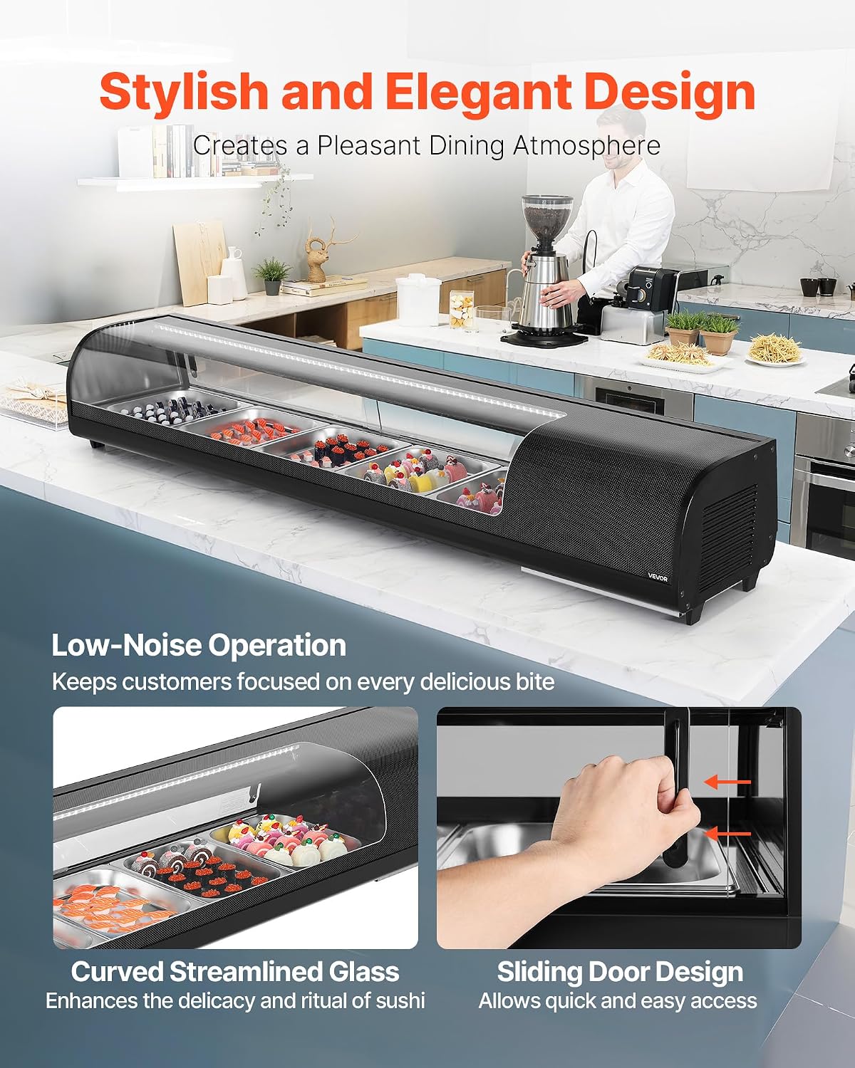 VEVOR Sushi Display Case Refrigerator, 2.9 Cu.ft Commercial Sushi Case, 5-Pan Countertop Showcase with Curved Glass, LED Lighting, and Digital Temperature Control, for Sushi-Bar, Restaurant, Store