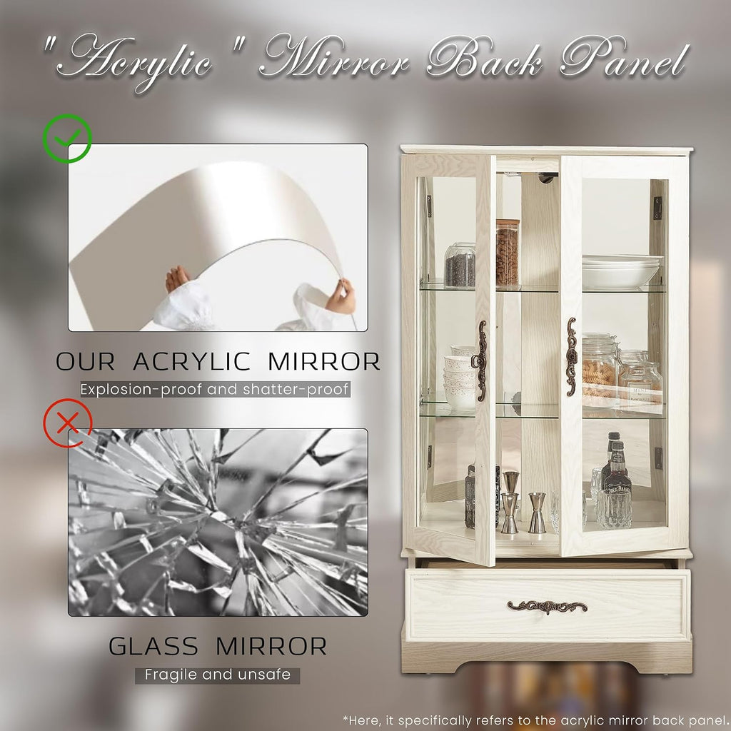 47' Lighted Glass Accent Curio Cabinet, 3-Tier Antique Storage Cage with Adjustable Shelves & Drawer, Acrylic Mirrored Pane, Light Blub Included, Small China Cabinet for Living Room (Antiqe White)