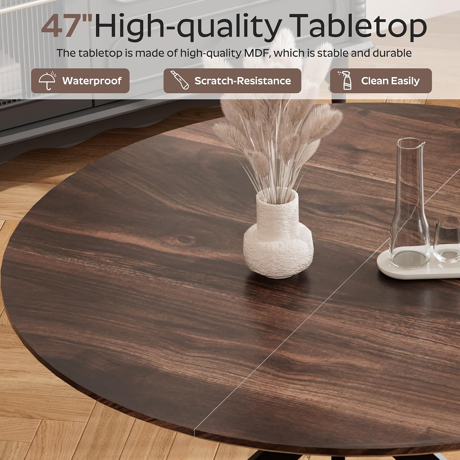 RGZ 47' Round Table Set for 6, 7 PCS Modern Wooden Circle Dining Table for 2-6, Walnut Round Dining Table with Steel Legs & 6 Black Velvet Upholstered Chairs for Dining Room, Living Room, Kitchen