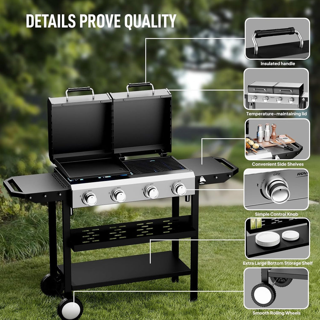 Bonnlo 2 in 1 Propane Flat Top Grill and Griddle Combo with Lid, Powerful 40,000 BTU Grills with Side Shelves & Integrated Ignition, 4 Burners Grill with Movable Wheels for Outdoor BBQ Camping Use