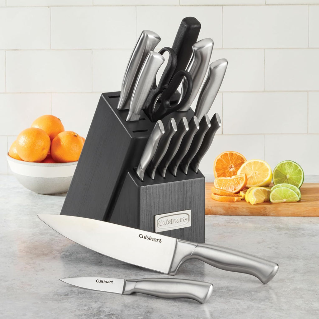 Cuisinart Professional Block Knife Set, 15pc Cutlery Knife Set with Steel Blades for Precise Cutting, Lightweight, Stainless Steel, Durable & Dishwasher Safe, Woodgrain Grey Finish
