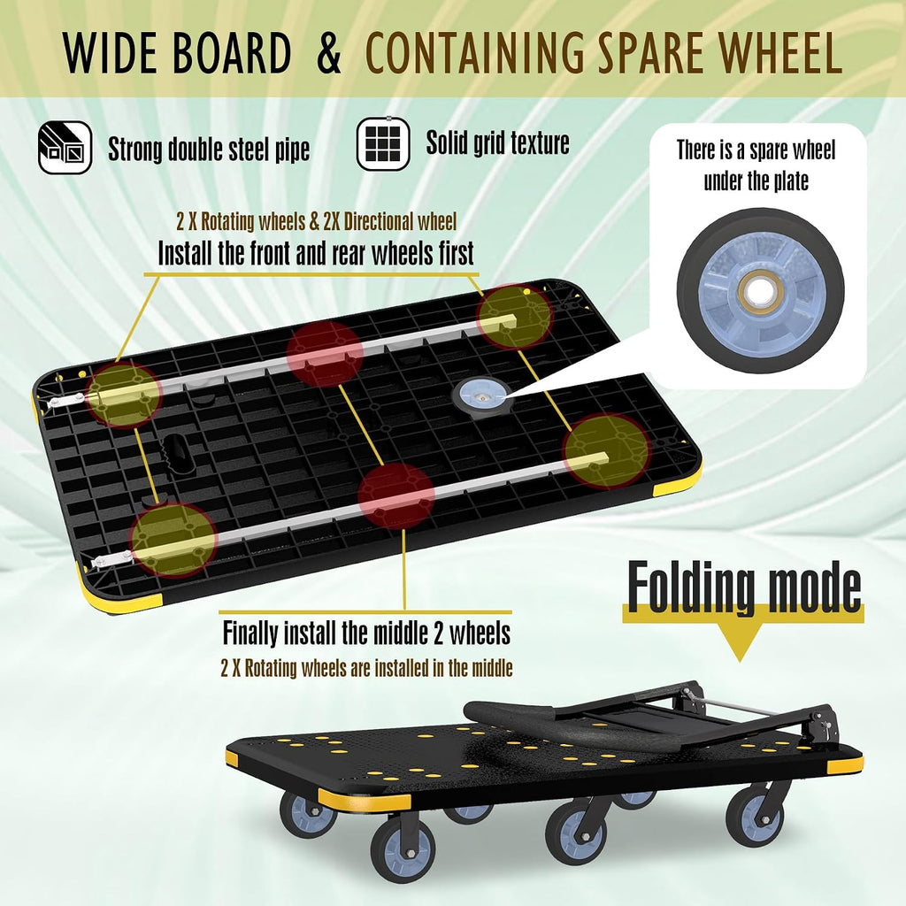 Heavy-Duty Foldable Platform Cart with 6 Wheels & 2000LB Capacity - 360° Swivel & Fixed Casters, Collapsible Push Cart Dolly Black Plastic Trolley, 5' Wheels, Spare Tire & Anti-Collision Corners