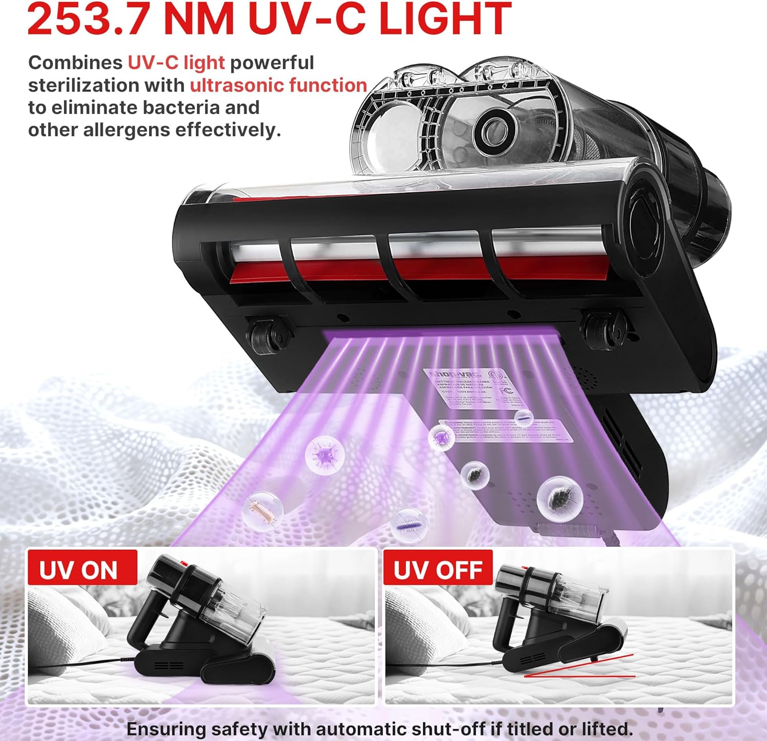 Shop-Vac Mattress Vacuum Cleaner, 14KPa Powerful Bed Vacuum with 253.7nm UV-C Light, 36960 RPM/Min Tapping, HEPA Filter & Ultrasonic, Dual Cup Filtration, for Bed, Sofa, Couch, 400W, 15.4 ft Corded