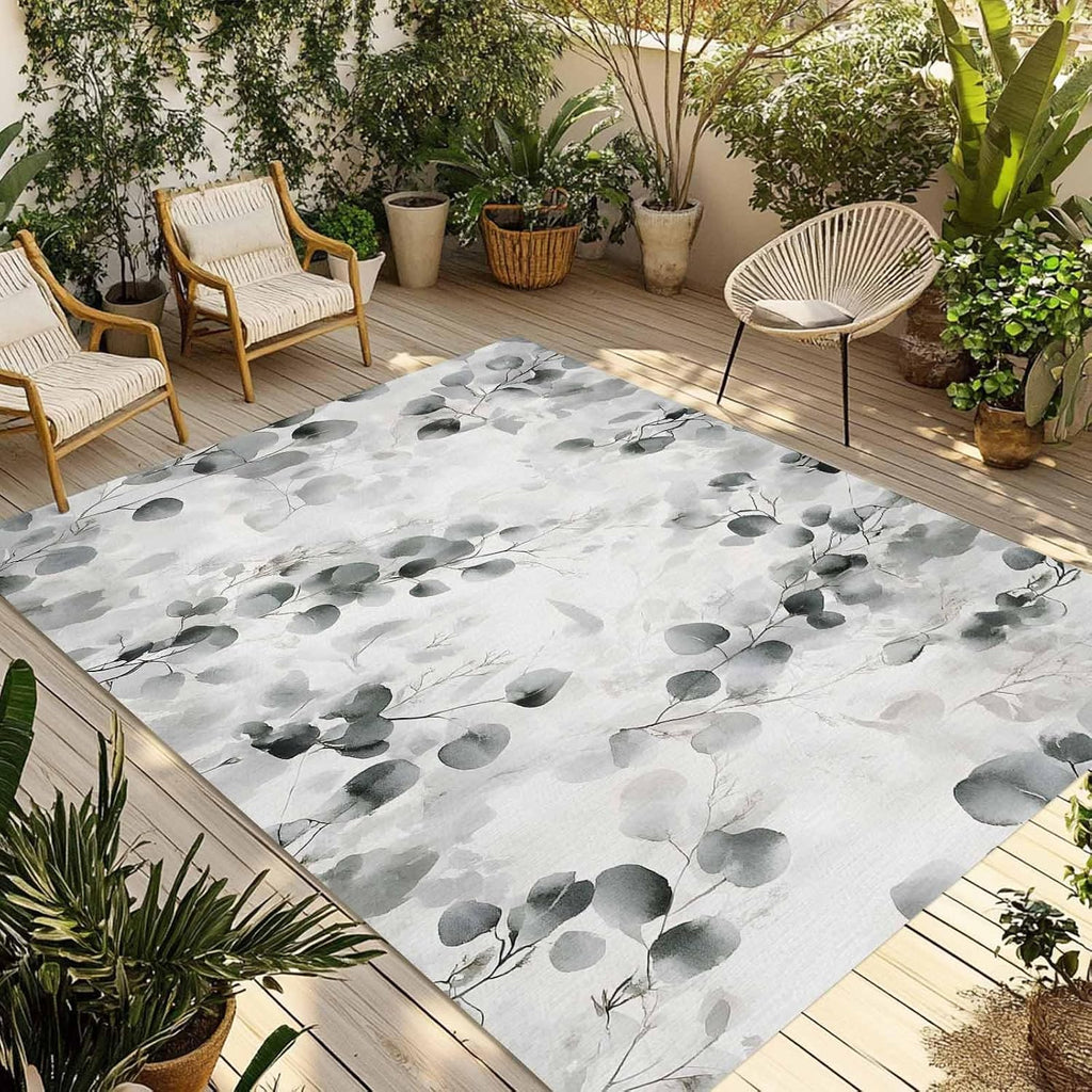 Outdoor Rug 4x6ft Retro Eucalyptus Leaves Patio Area Rugs Waterproof Easy Cleaning Non Shedding Thick Mats Grey Carpet for Indoor Outdoor Porch Deck Backyard Balcony