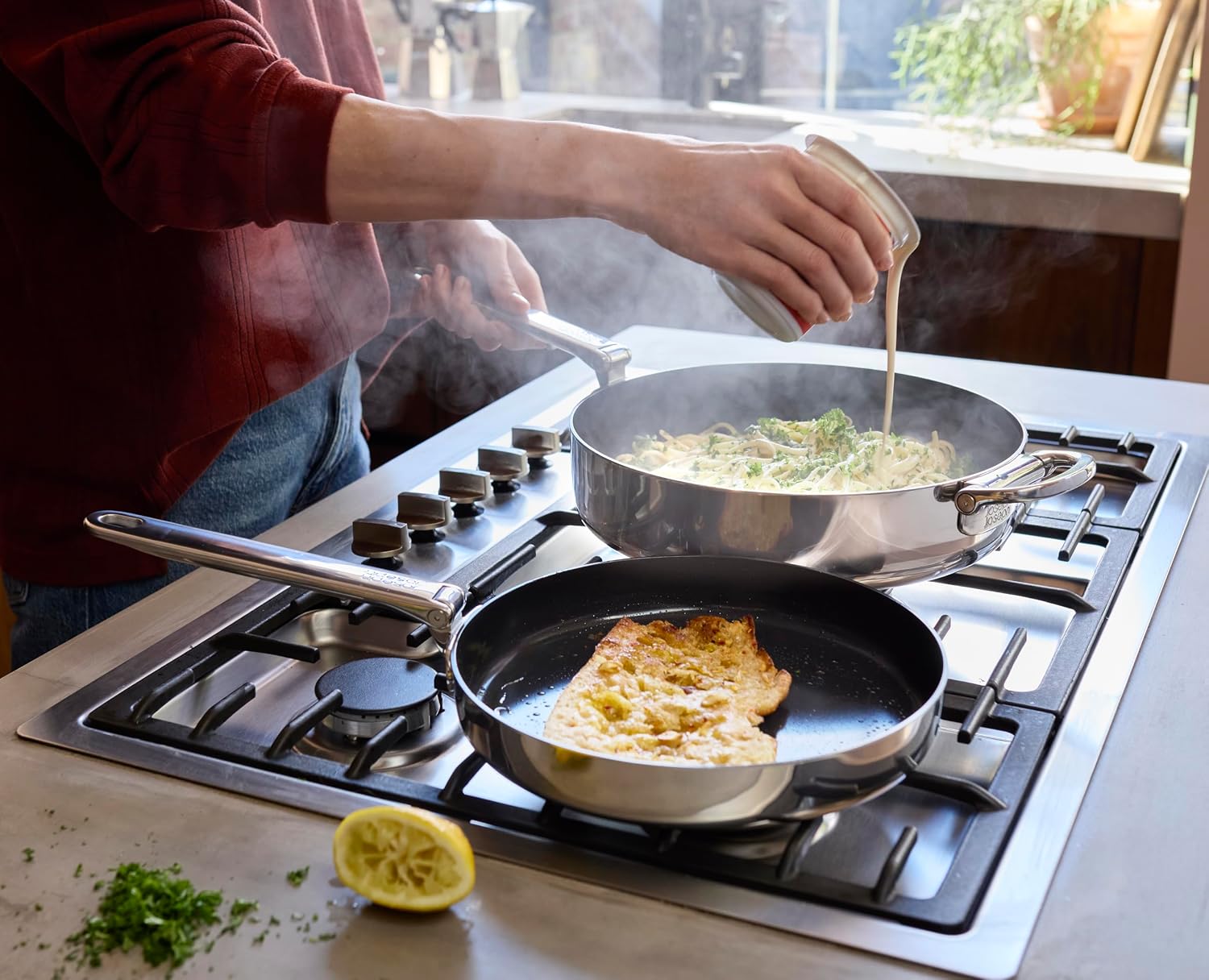 Joseph Joseph Space Steel 2-Piece Nonstick Stainless-Steel Frying Pan Skillet Set, Nesting with Folding Handles, Induction & Oven Safe