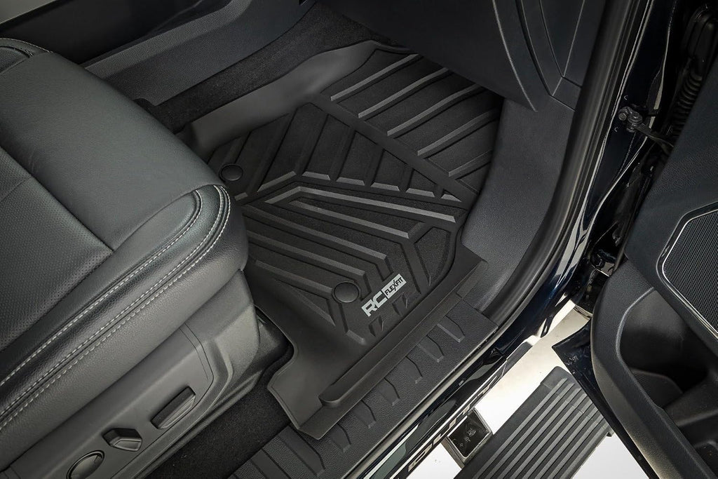 Rough Country Flex-Fit Floor Mats for Ford F-250/350 Super Duty (2017-2025) Crew Cab - Front & Rear Set, Custom All-Weather Non-Slip TPE Liners w/Spill Saver Lip