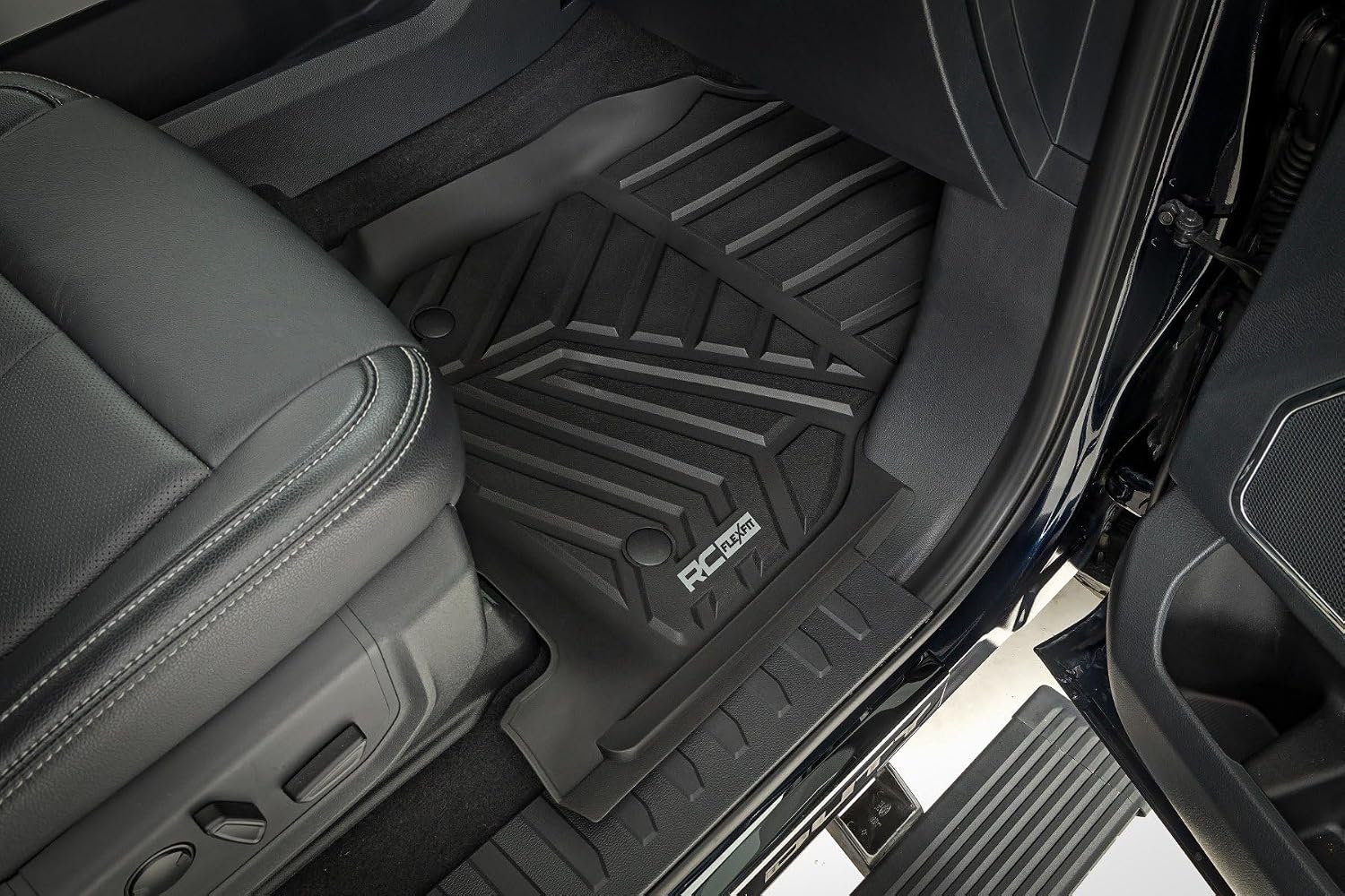 Rough Country Flex-Fit Floor Mats for Ford F-250/350 Super Duty (2017-2025) Crew Cab - Front & Rear Set, Custom All-Weather Non-Slip TPE Liners w/Spill Saver Lip