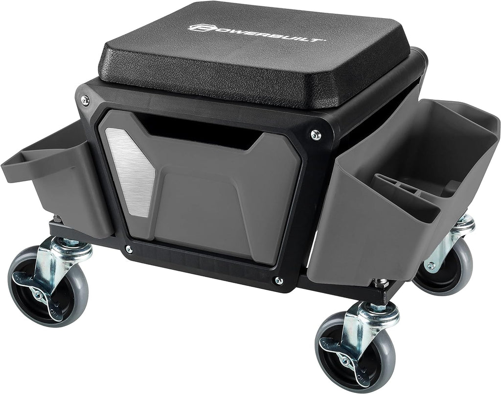 Powerbuilt Rolling Work Seat Brake Stool with 4-inch Rubber Lockable Wheels, Big Seating Platform, Tool Trays and Drawer 330 lb. Capacity, Mechanics, Gardening, Garage - 941881ECE, Grey