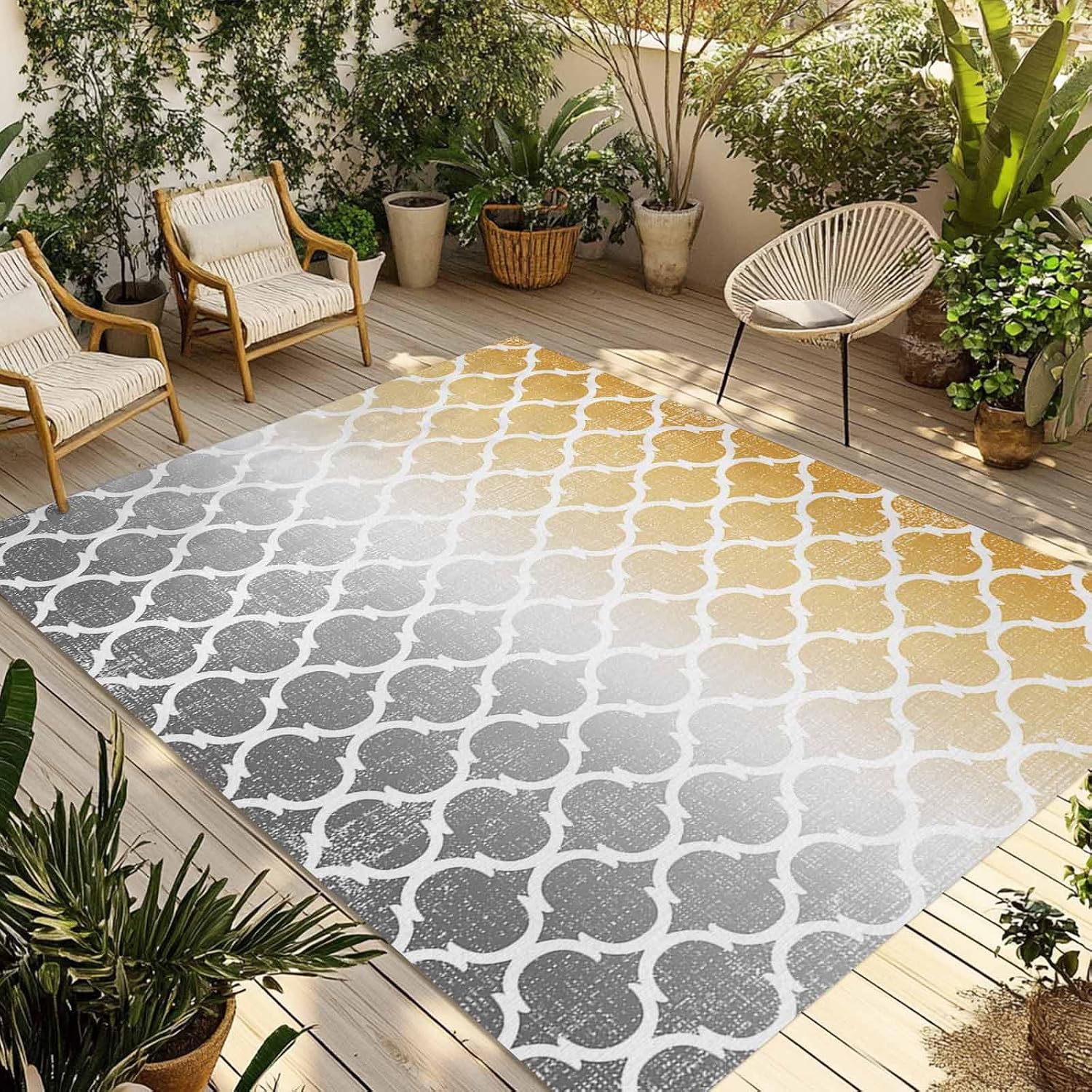 Outdoor Rug 4x6ft Morocco Pattern Ombre Yellow Grey Patio Area Rugs Waterproof Easy Cleaning Non Shedding Thick Mats Art Carpet for Indoor Outdoor Porch Deck Backyard Balcony