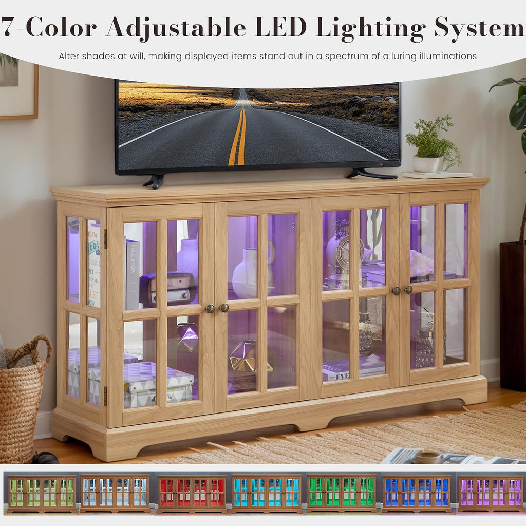 59' W LED Curio Cabinet with 7 Color Lights, Vintage Glass Display Case with Glass Doors, Smartphone-Controlled, Short Wooden China Cabinet with Adjustable Shelves for Living Room, Entryway(Light Oak)