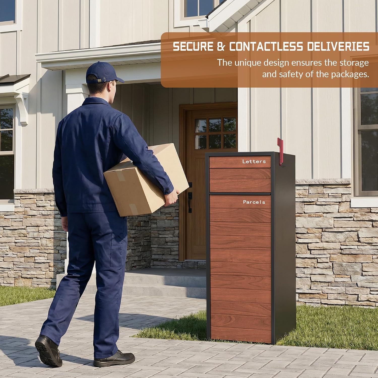 Merapi Large Parcel Drop Box for Outside – Fully Assembled Package Delivery Box with Rear Access – Weather-Resistant Galvanized Steel Locking Mailbox for Porch & Curbside (Oak-Grain Steel)