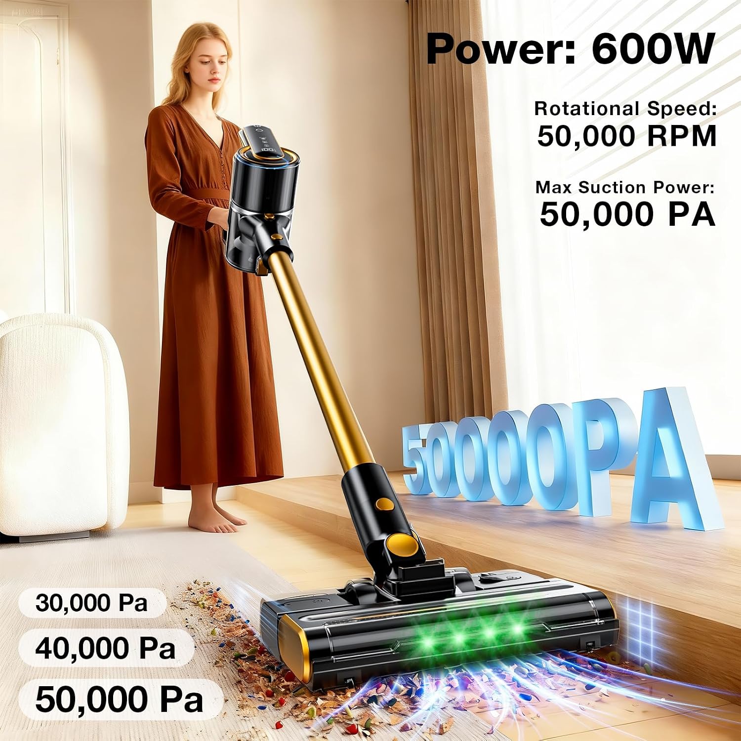 Cordless Vacuum Cleaner, 600W 50000PA Stick Vacuum Cleaners and Mop In One,4000mAh Battery with 60 Min Runtime, LED Screen and Green Headlights, Handheld Vacuum for Pet Hair Floors Carpet Sofa