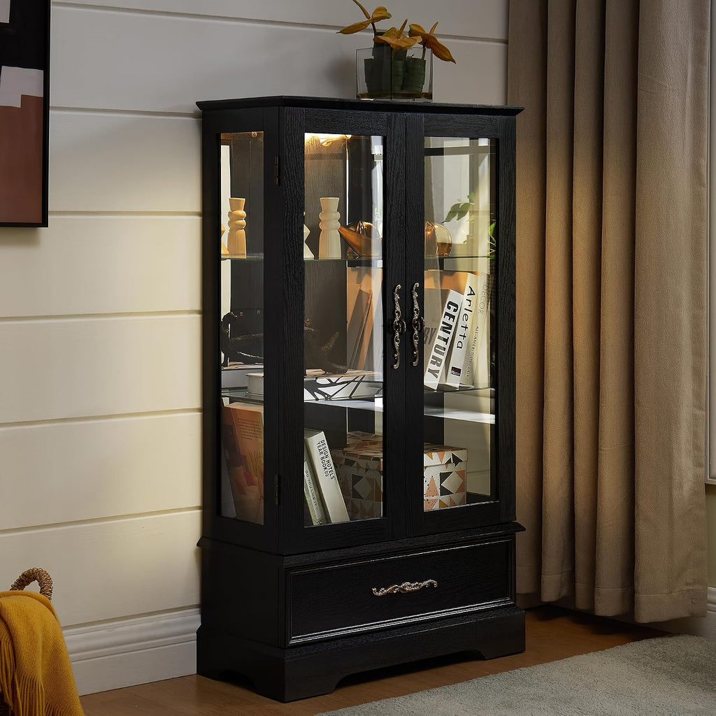 Display Cabinet with Glass Doors Drawer, Lighted Curio Cabinet with Adjustable Glass Shelves and Mirrored Back Panel, Retro Floor Standing Storage Cabinets for Living Room, Black
