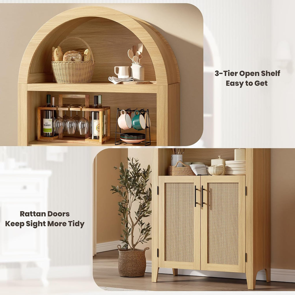 IDEALHOUSE Arched Kitchen Pantry Cabinet with Doors - 5-Tier Open Display Shelf with Rattan Decor, Farmhouse Storage Cabinet for Kitchen, Dining Room, Living Room, Natural