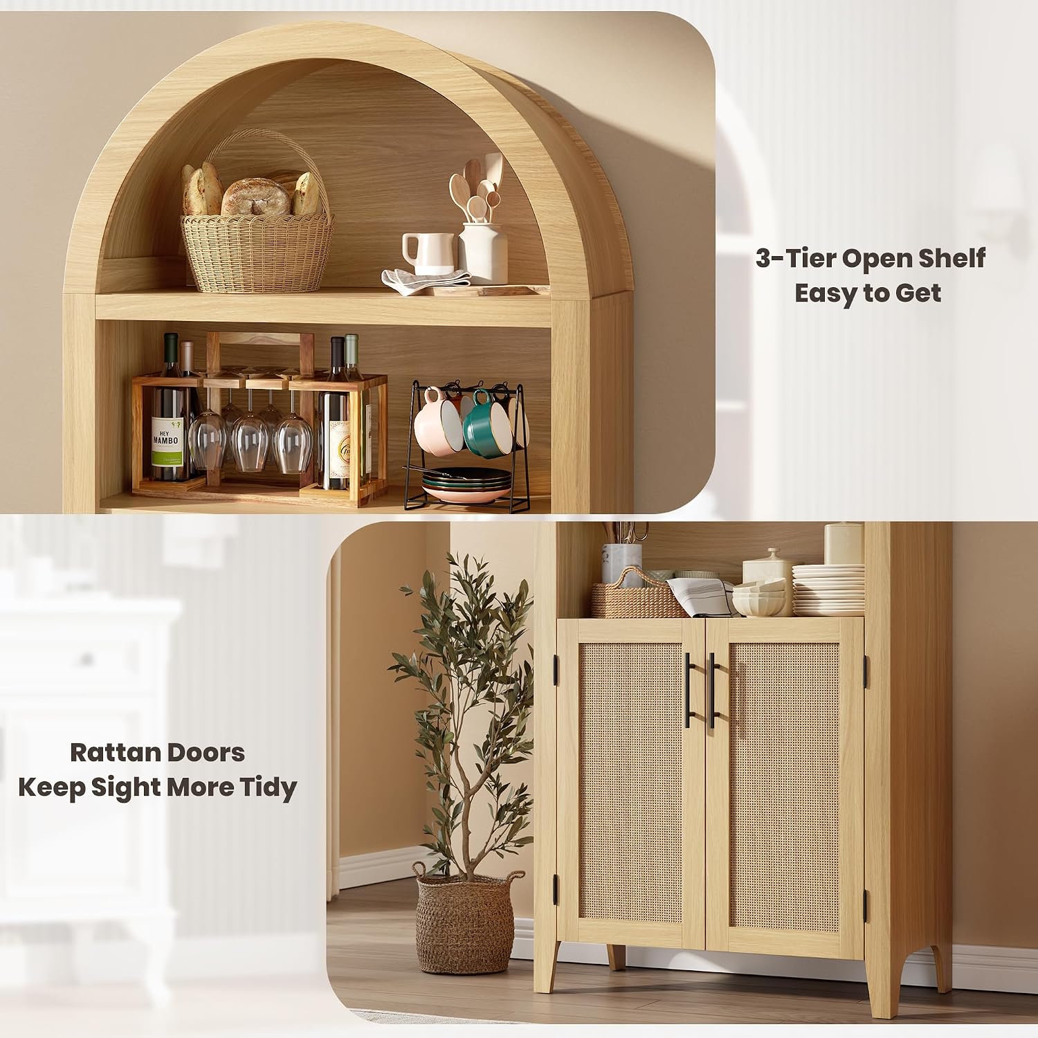 IDEALHOUSE Arched Kitchen Pantry Cabinet with Doors - 5-Tier Open Display Shelf with Rattan Decor, Farmhouse Storage Cabinet for Kitchen, Dining Room, Living Room, Natural