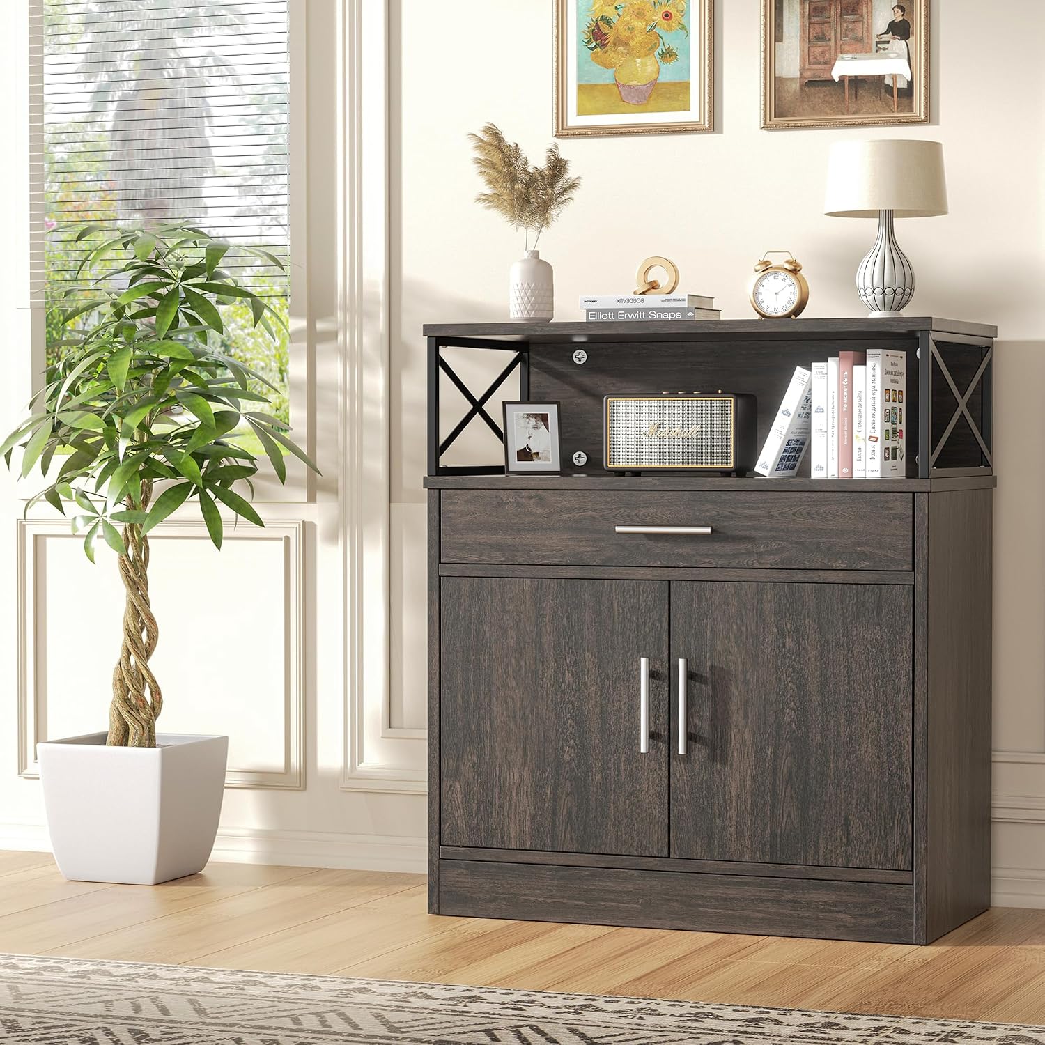 Shintenchi Kitchen Storage Cabinet with Adjustable Shelves and Drawers, Modern Buffet Sideboard, Wood Buffet Cabinet with Doors, Floor Cabinet Cupboard for Coffee Bar Living Room, Dark Brown