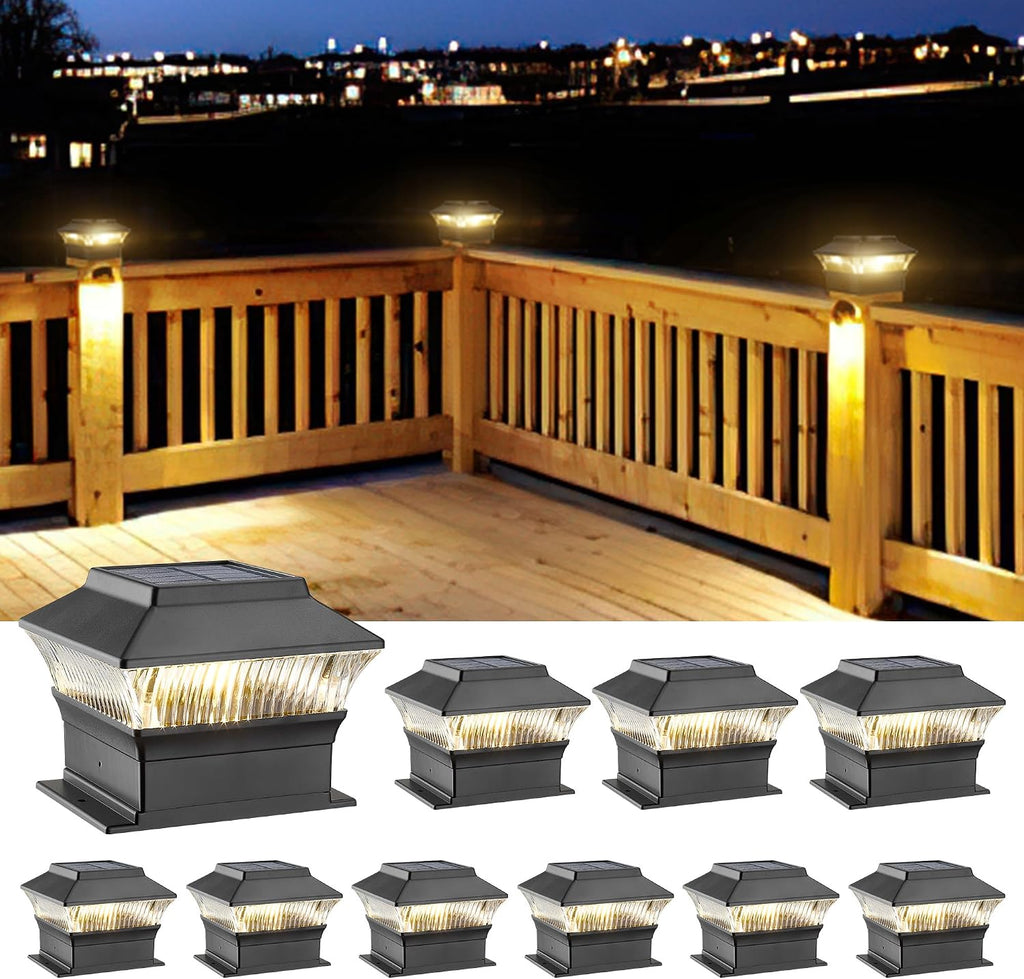 4x4 4x6 Fence Lights Solar Powered, Outdoor Post Cap Lights Yard Deck Garden Patio Mailbox Decorations 25 Lumens, 3000K Ip65 Waterproof, Black - 10 Pack