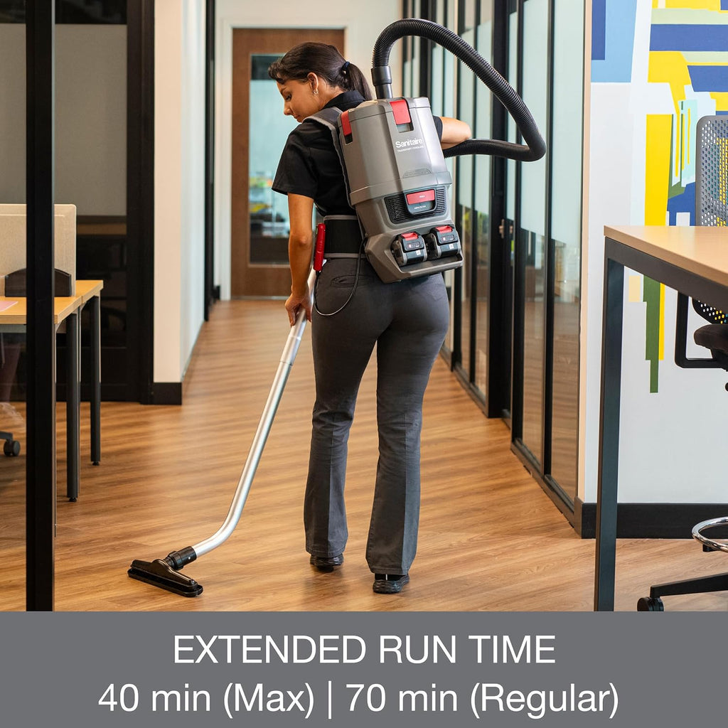 Sanitaire Transport Commercial Cordless Backpack Vacuum with Adjustable Wand, Dual 24V Batteries, Handheld Controls, SC580A. Gray