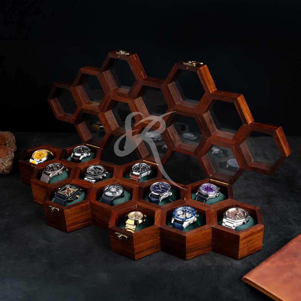 Extra Large 12 Slot Superior Rosewood Honeycomb Wall Mounted Watch Box Display Case Holder for Men, Vintage Hanging Watch Storage Organizer to Keep Watches Safe and Sophisticated