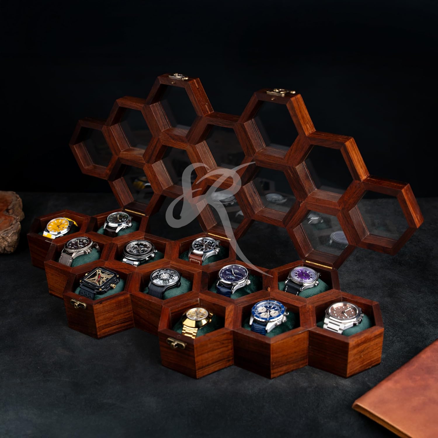 Extra Large 12 Slot Superior Rosewood Honeycomb Wall Mounted Watch Box Display Case Holder for Men, Vintage Hanging Watch Storage Organizer to Keep Watches Safe and Sophisticated