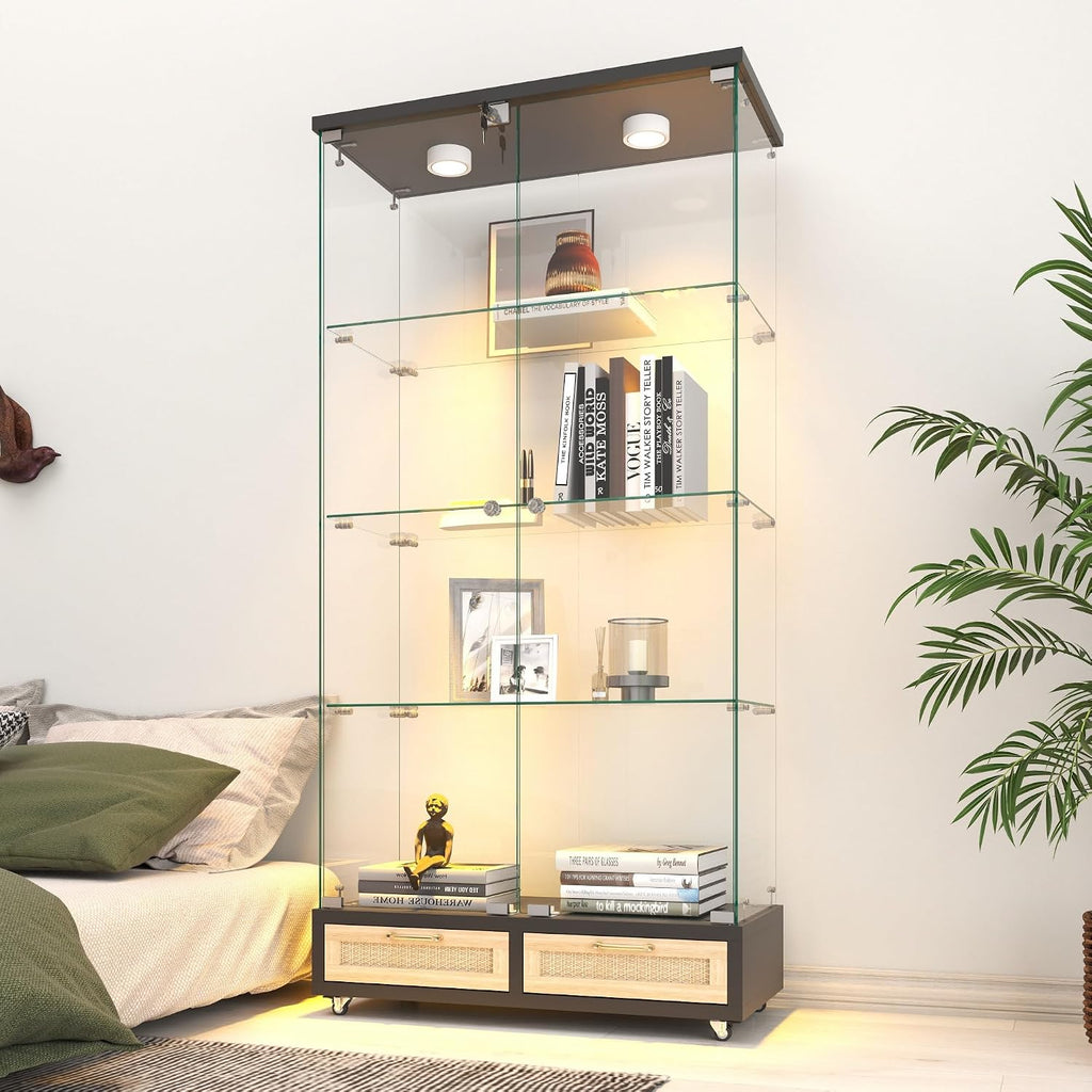 Modern Glass Display Cabinet with LED Light 4-Shelf Curio Cabinets with Rattan Drawer and Wheels,Tempered Glass Display Shelf Bookcase for Living Room Home Office