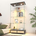 Modern Glass Display Cabinet with LED Light 4-Shelf Curio Cabinets with Rattan Drawer and Wheels,Tempered Glass Display Shelf Bookcase for Living Room Home Office