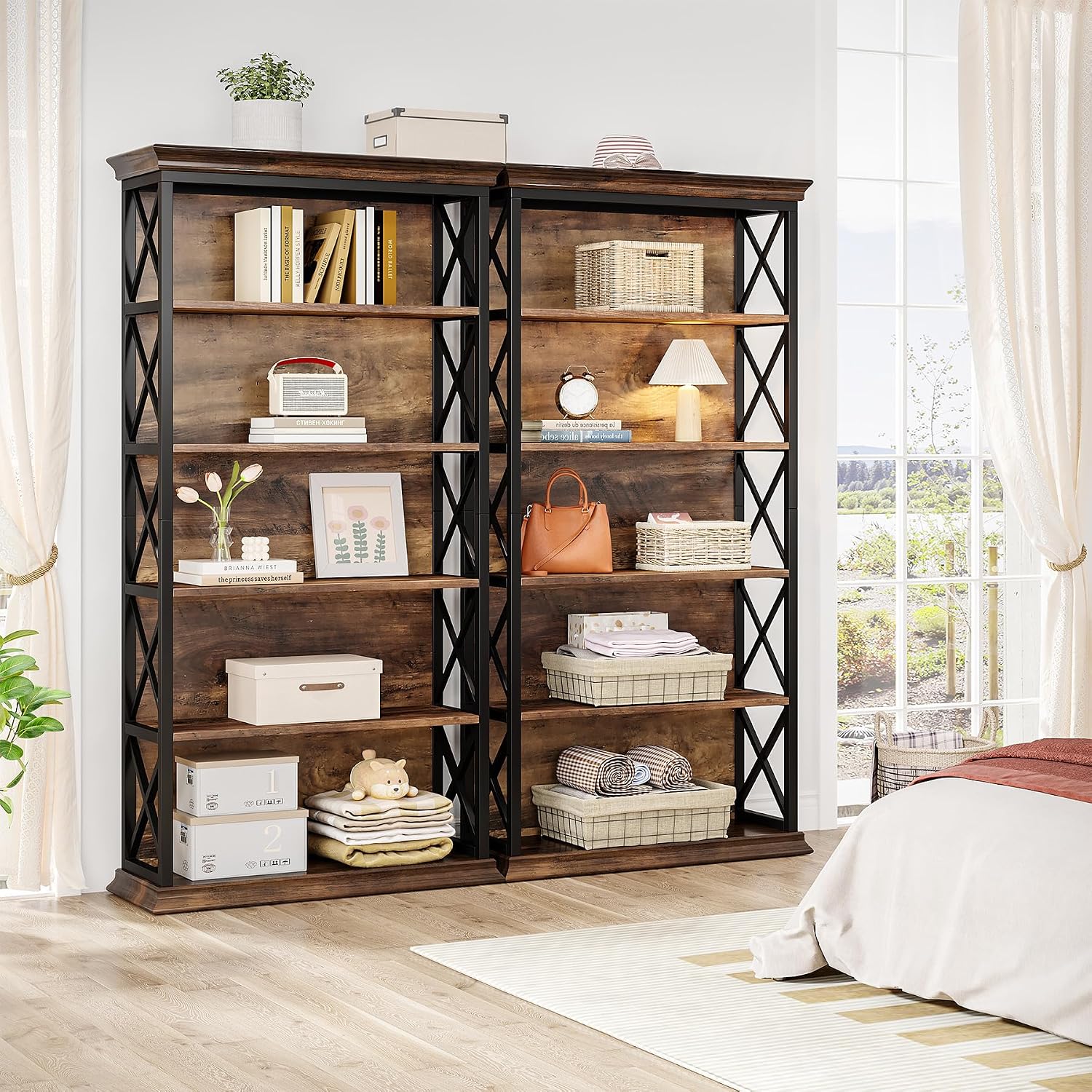 Tribesigns 6-Tier Bookcase Set of 2, 71 Inches Industrial Bookshelves and Bookcases, Floor Standing 5 Shelf Display Storage Shelves Tall Bookcase for Home Office, Living Room, Bed Room