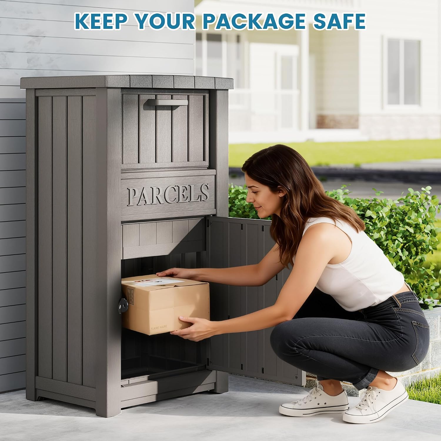 Package Delivery Box for Outside, Large Lockable & Weatherproof Anti-Theft Large Parcel Drop Box for Porch, Curbside, House Storage, Charcoal Gray(60 Gallon)
