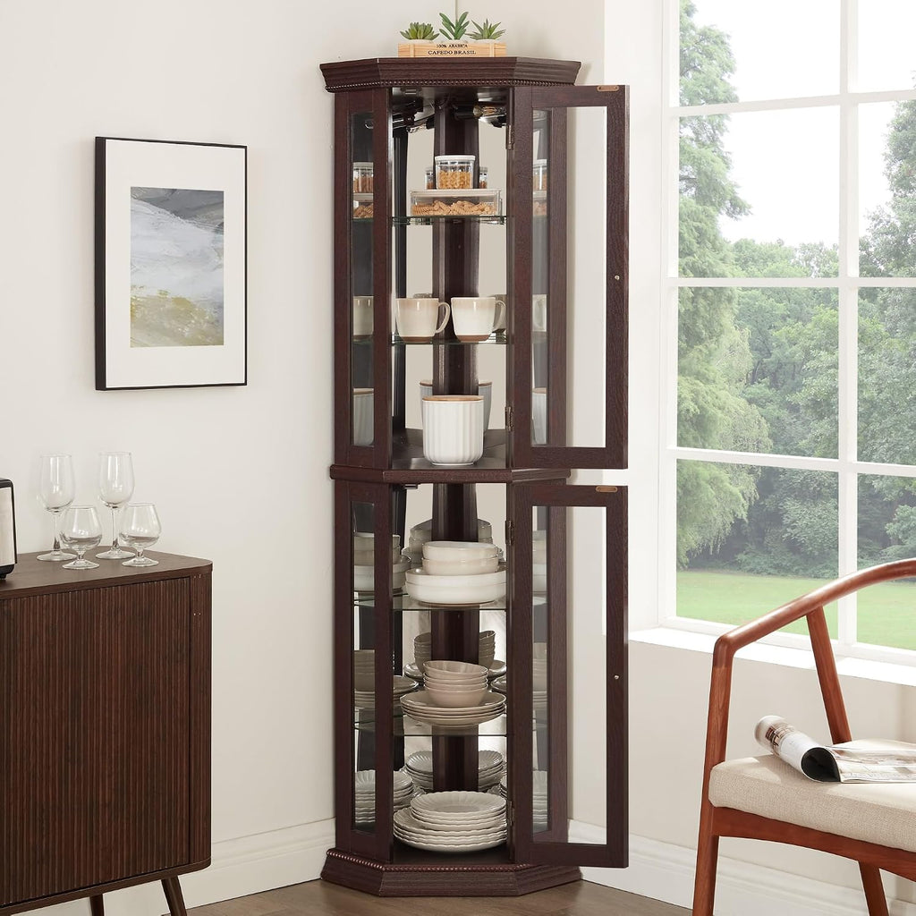 70' Lighted Corner Curio Cabinet,Inside Mirror Corner Glass Display Case with Tempered Glass Door for Living Room, Antique Collectibles, Wine & Bar Glass Storage, Lights Included