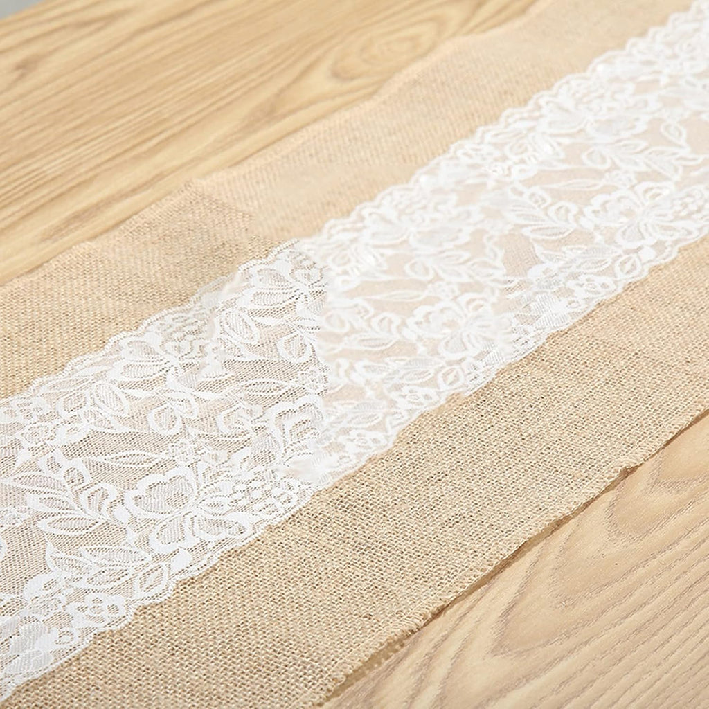 Table Runner RENRUIRUI- 10 Pack Burlap Lace for Rustic Farmhouse Style Wedding Banquet Birthday Party Table Decor,12 X 108 Inch