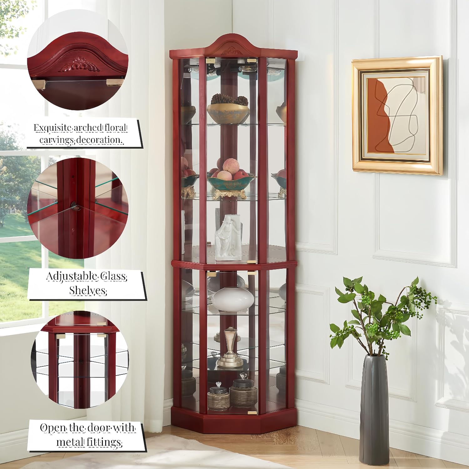 Ball & Cast 72' H Lighted Corner Curio Cabinet with Curved Top Carving,Glass Display Cabinet with 6 Tempered Adjustable Glass Shelves and Doors,Light Bulb Included, Rack for Liquor Storage,Cherry