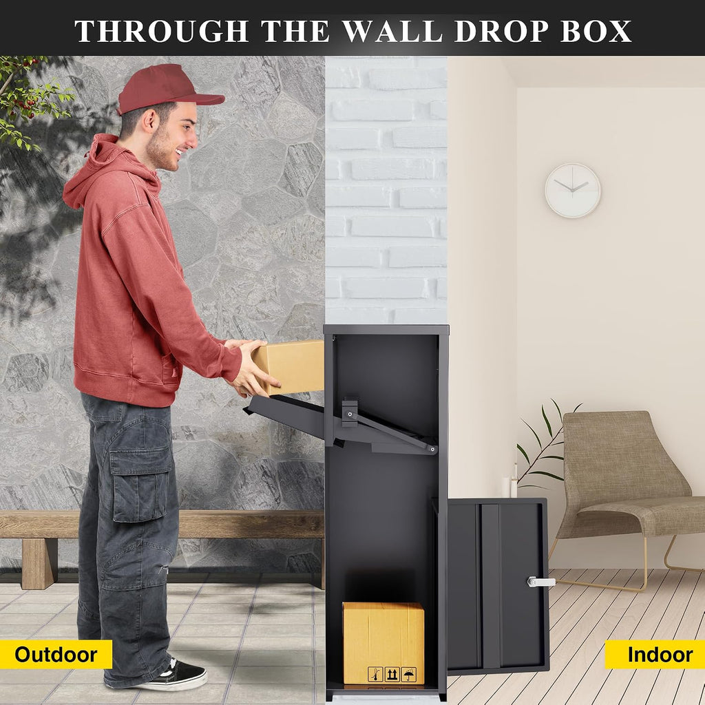 Merapi Package Delivery Box for Outside, 43.3' x 18.3' x 14.0' Cold-Rolled Steel Delivery Box for Packages, Anti-Theft Lockable Parcel Drop Boxes for Porch, House, Curbside, Black