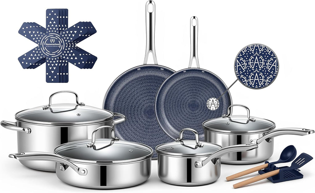 Ammeloo Hybrid Stainless Steel Cookware Set, 17-Piece Tri-Ply Pots and Pans Set Non Stick, Induction Kitchen Cookware Sets, Dishwasher & Oven Safe, PFOA Free, All Cooktops Compatible, Navy Blue