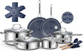 Ammeloo Hybrid Stainless Steel Cookware Set, 17-Piece Tri-Ply Pots and Pans Set Non Stick, Induction Kitchen Cookware Sets, Dishwasher & Oven Safe, PFOA Free, All Cooktops Compatible, Navy Blue