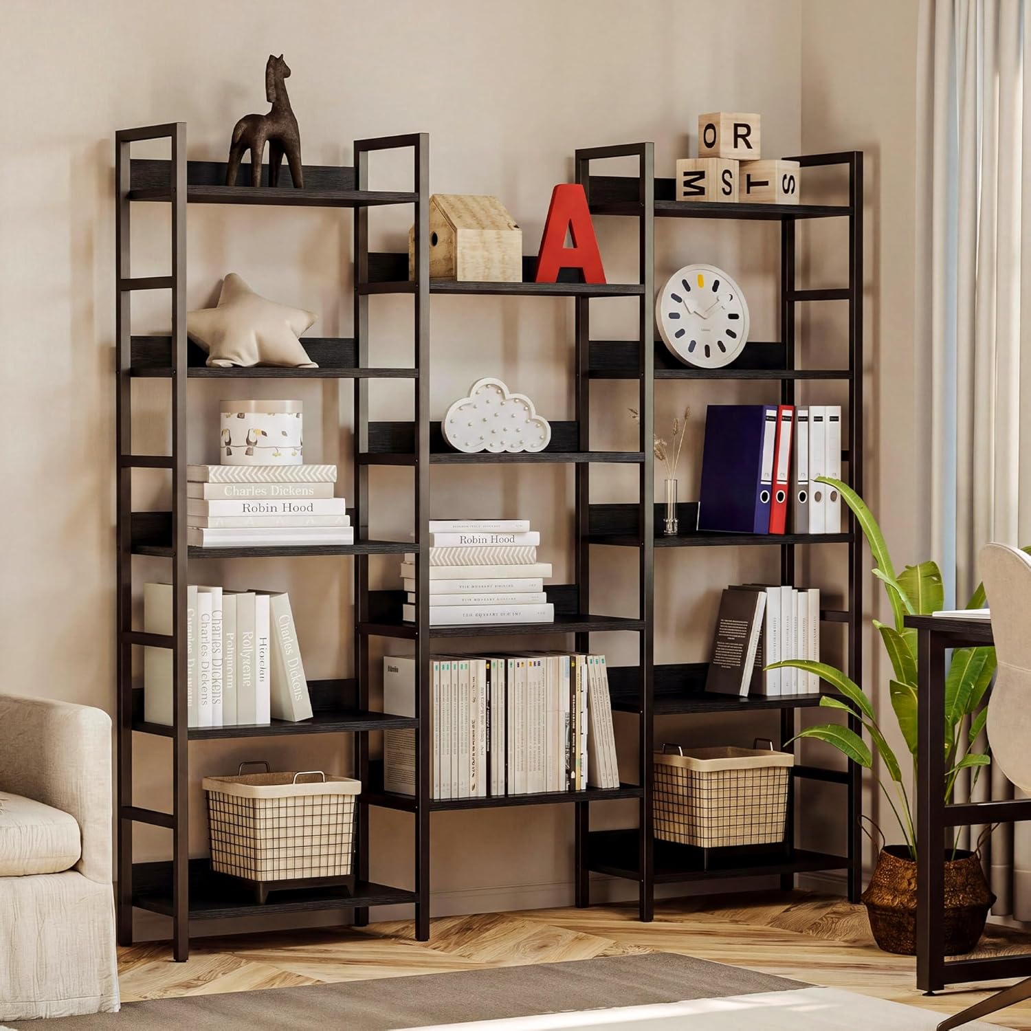 IRONCK Bookshelf, Bookshelves and Bookcases, 5 Tiers Bookshelf with Baffles, Large Book Shelf with Metal Shelving, Triple Wide Shelves for Living Room, Home Office