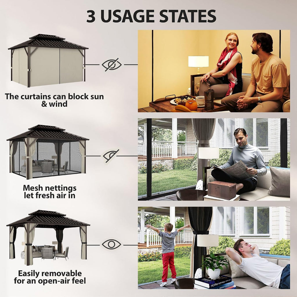 Outsunny 10' x 14' Hardtop Gazebo with UPF50+ Double Galvanized Steel Roof Canopy, Aluminum Frame Permanent Outdoor Gazebo with Curtains and Netting, Ceiling Hooks, Brown