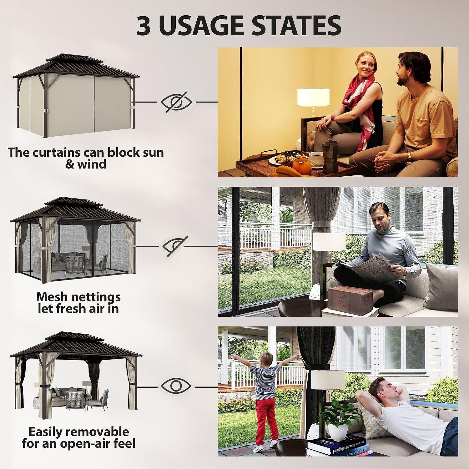 Outsunny 10' x 14' Hardtop Gazebo with UPF50+ Double Galvanized Steel Roof Canopy, Aluminum Frame Permanent Outdoor Gazebo with Curtains and Netting, Ceiling Hooks, Brown