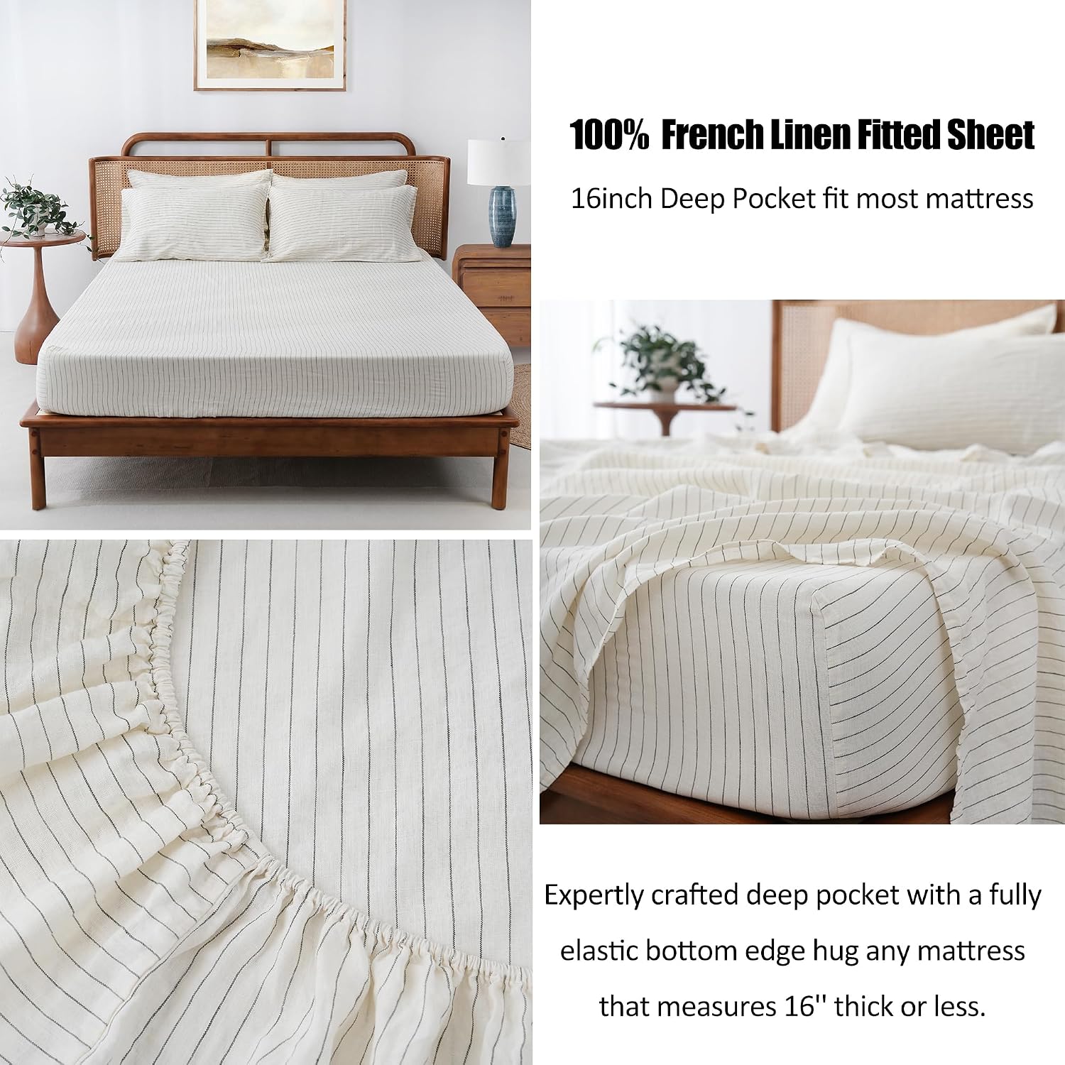 S VICTORY SYMBOL 100% Organic Linen Sheets Set Grey Pinstripe California King,Yarn Dyed French Natural Stone Washed Flax Bedding Set CK 4pcs,Ultra Soft&Breathable