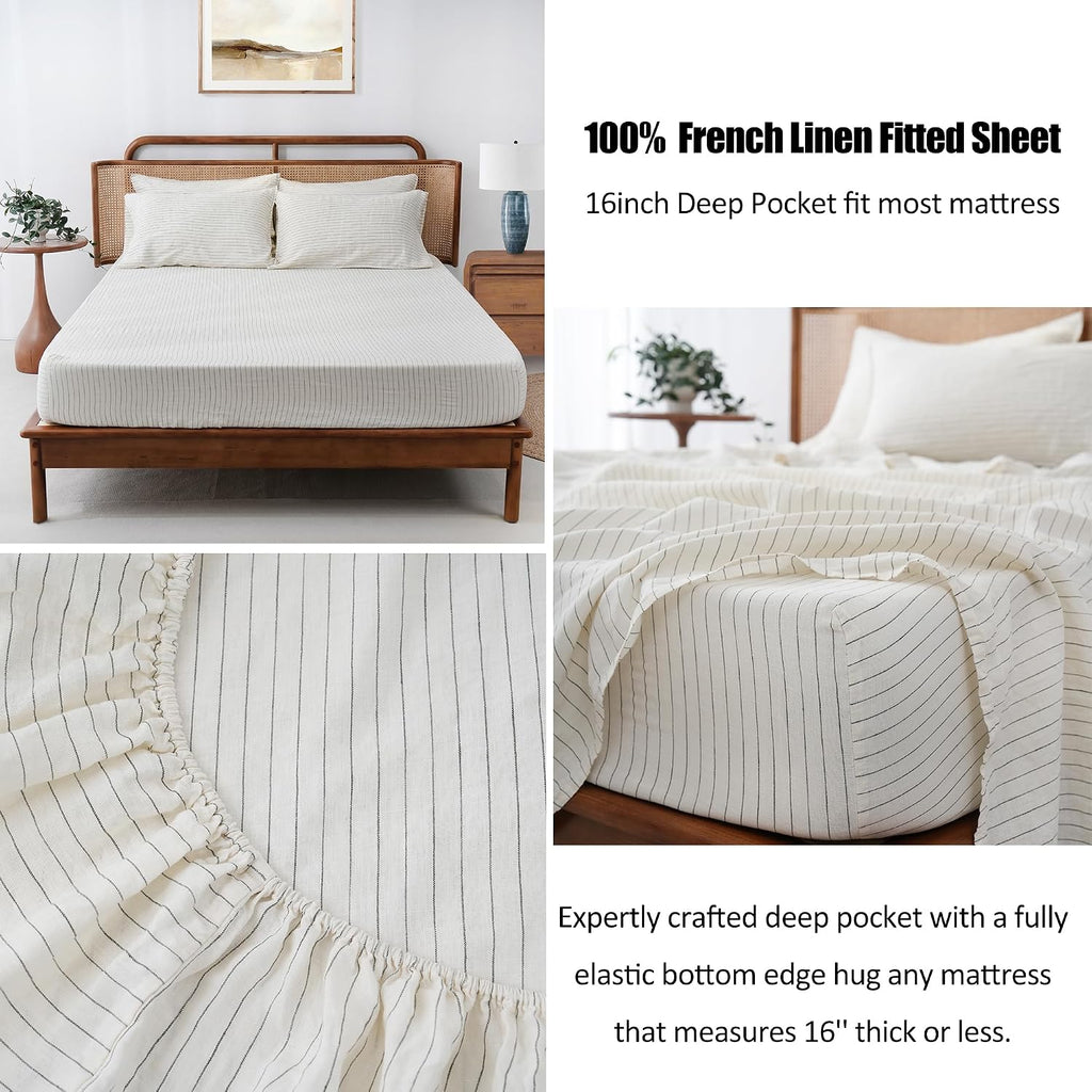 S VICTORY SYMBOL 100% Organic Linen Sheets Set Grey Pinstripe King Size,Yarn Dyed French Natural Stone Washed Flax Bedding Set 4pcs,Farmhouse Bed Sheets,Ultra Soft&Breathable