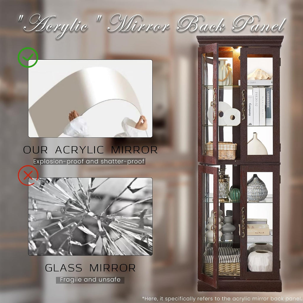 Lighted Curio Cabinet 71' Vintage Glass Display Case with Adjustable Shelves, 4 Tempered Glass Doors, Bulb Included, Wooden Square Wine Bar China Cabinet for Living Room Liquor Storage (Dark Cherry)