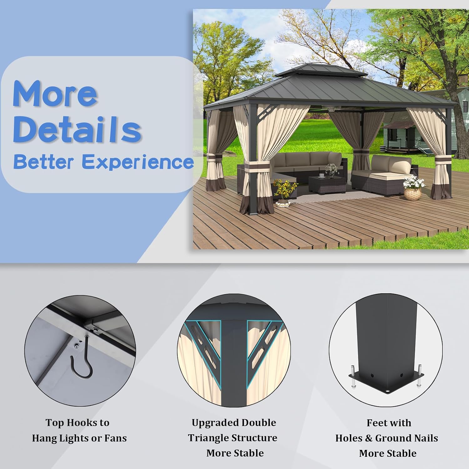 ALAULM 12'x14' Hardtop Gazebo, Outdoor Double Roof Canopy with Netting and Curtains, Galvanized Metal Frame, Sunshade for Patio, Backyard, Deck and Lawns-Sand