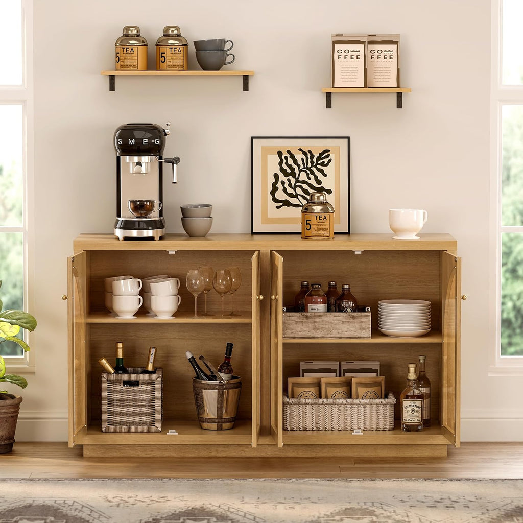 EYYTHUNG Storage Cabinet with 4 Doors, Arched Sideboard Buffet Cabinet with Adjustable Shelves, Accent Display Cabinet with Acrylic Door for Living Room, Entryway, Dining Room, Natural Oak
