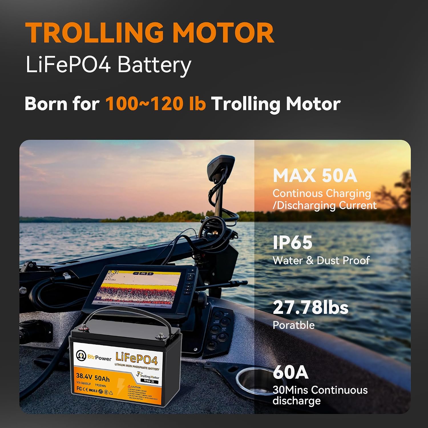36V 50Ah Trolling Motors Lithium LiFePO4 Battery, Built-in 50A BMS, 1.2C Discharge 60A Current,Deep Cycle Group31 Lithium Iron Phosphate Battery, Perfect for Trolling Motor,RV, Boat, Marine, Solar